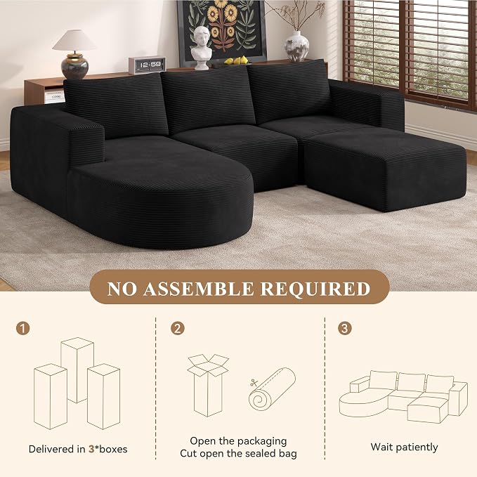Boneless Couches for Living Room with Chaise,104" Modular Sectional Sofa with Convertible Ottoman,Cozy Cloud Couch with U-Shaped,Sponge Compression Sofas in a Box,No Assembly Required(Black) 1pcs