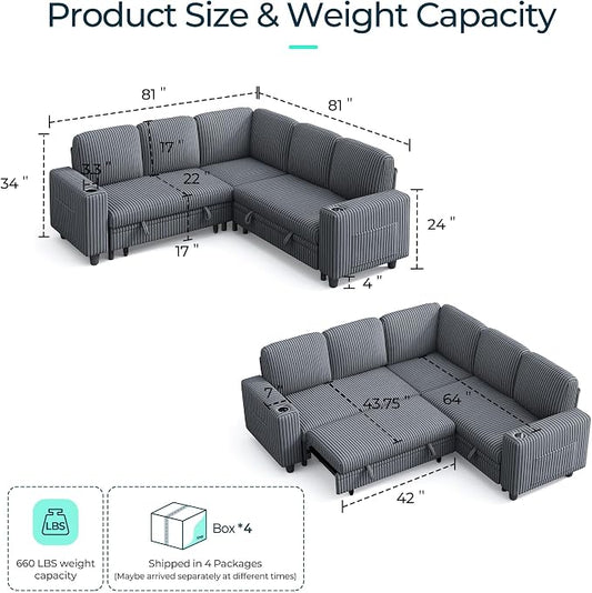 LINSY HOME Sectional Sleeper Sofa with Pull Out Couch Bed for Living Room (Grey) | Plush Corduroy