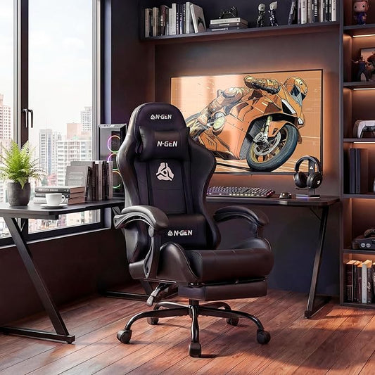 N-GEN GAMING Video Gaming Chair with Footrest Lumbar Support for Home Office High Back Recliner Height Adjustable Ergonomic Comfy Leather Computer Desk Chair (Deep Black)