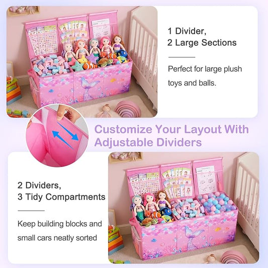 Unicorn Castle Toy Box with Adjustable Divider Toy Chest Storage Large Toy Storage Organizer Bin Collapsible with Lid Pockets for Nursery Playroom,Pink Purple Mermaid