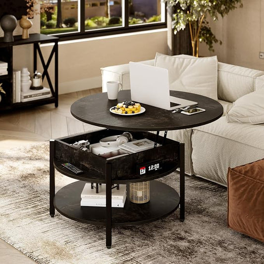 FABATO Round Lift Top Coffee Table with Storage and Hidden Compartment, 26.77'' Farmhouse Coffee Table for Living Room Reception Room, 2 Tier Small Round Coffee Table Circle Dining Table, Black Oak | Lift Top
