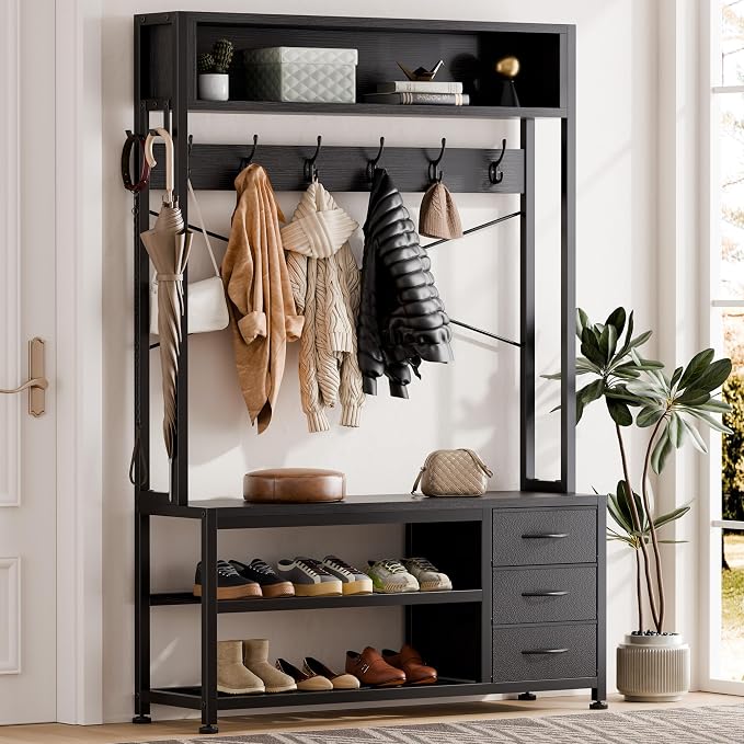 Lulive Hall Tree with 3 Drawers, Industrial Entryway 39.4" Coat Rack Shoe Bench, Freestanding Mudroom Organizer with 12 Hooks, Top Shelf Storage (Black)