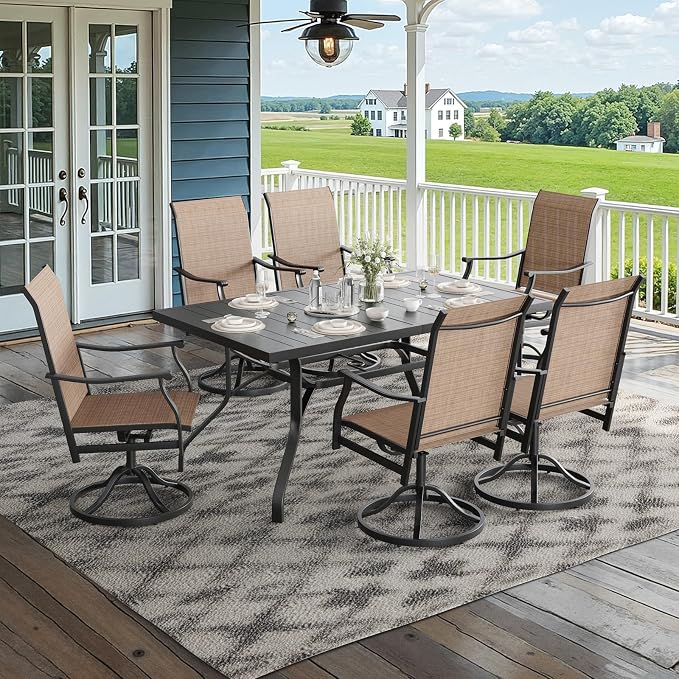 Soohow Outdoor Dining Set for 6, 7-Piece Patio Table and Chairs Set, 6 x Swivel Patio Dining Chairs with Textilene Fabric and 60"x35" Outdoor Table with 1.57" Umbrella Hole for Backyard, Poolside
