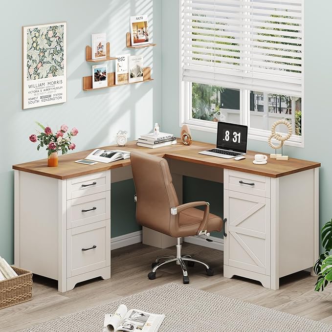 Vabches 59” L Shaped Executive Desk with Power Outlets, Farmhouse Home Office Desk with File Drawer,Storage Cabinet, Wood Corner Sturdy Writing Workstation.White