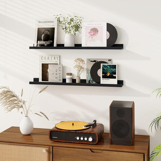 Dreamland Picture Ledge Shelf for Wall, Floating Shelves Set of 2, 36 Inch Long Floating Shelves with Lip for Living Room, Bedroom, Bathroom, Kitchen, Black
