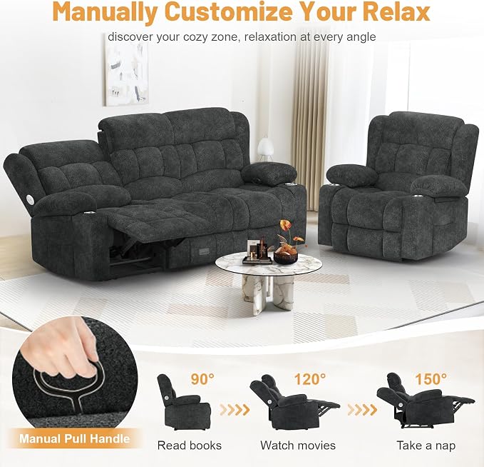 Dresegmt Loveseat Recliner Sofa Set, Flip Middle Backrest Design 3 Seater Reclining Sofa and Single Oversized Recliner Chair, Manual Couches for Living Room/RV (Gray, 3+1)