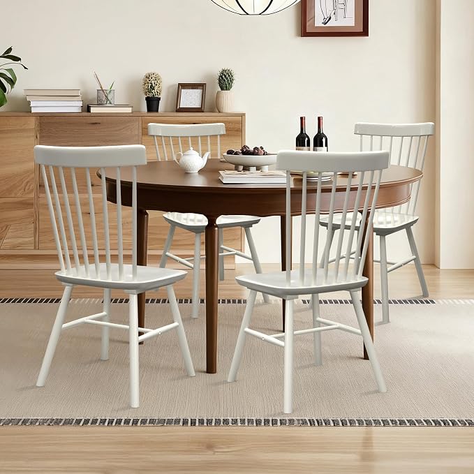 AreShark Windsor Dining Chairs, Farmhouse Wooden Dining Room Chairs, Solid Wood Kitchen Chairs with Spindle Back Set of 2, White