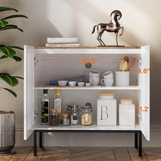 BVIUNTWO 31.5" Farmhouse Buffet Cabinet with Metal Base, Adjustable Shelf & 2 Doors, Antique White Storage Sideboard for Kitchen, Dining & Living Room