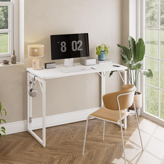 JOYMOOP White Folding Desk - 31.5", No Assembly Small Foldable Desk for Home, Office, Wooden Top Folding Computer Desk for Working, Writing, Studying