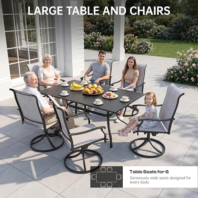7-Piece Outdoor Dining Set with Umbrella Hole,Patio Swivel Chairs Set and 63"x 38"x 28" Outdoor Patio Table for 6,Modern Garden Dining Set for Poolside Seaside Backyard