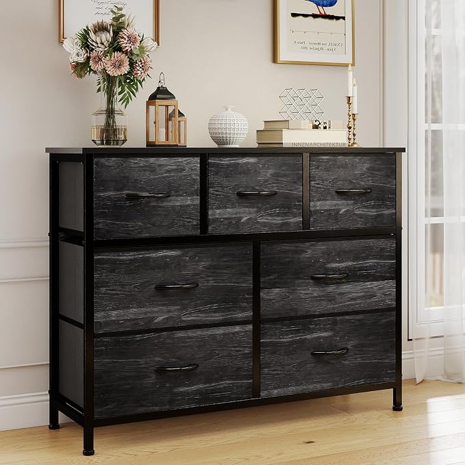 OLIXIS 7 Drawers Dresser for Bedroom, Fabric Storage Tower for Living Room, Entryway - Sturdy Steel Frame, Wooden Top and Easy Pull Fabric Bins, Closet Chests Organizer for Clothes,Black Wood Grain