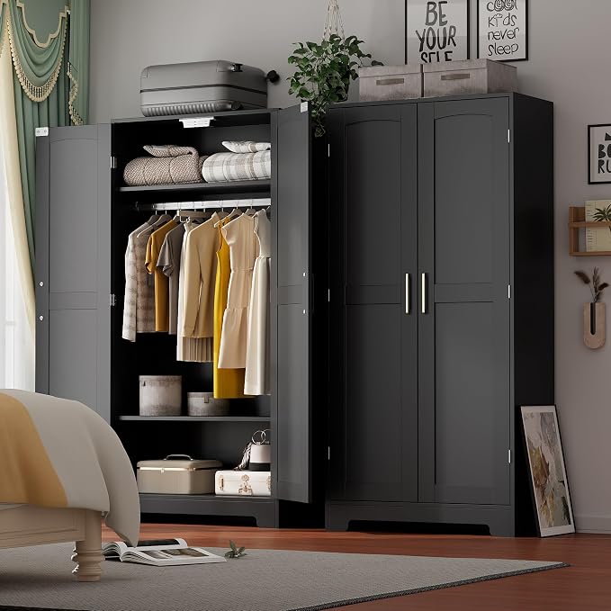 Wooden Armoire Wardrobe Closet, Wardrobe Cabinet with Door and Shelves, Freestanding Bedroom Armoires Clothing Storage Cabinet with Hanging Rod for Bedroom, Laundry Room, Cloak Room(Black)