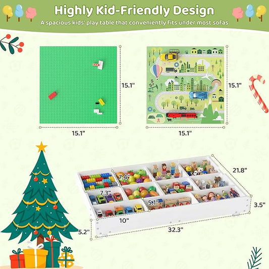 GITAWUSA 3-in-1 Construction Play Table with Storage Compatible with Lego, Rolling Kids Activity Table, Double Sided Desktop, Train Table for Toddlers 3-8, Convenient Storage Under the Bed and Sofa