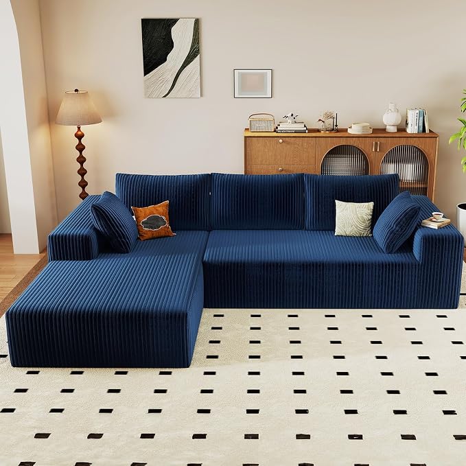 96" Modular Sectional Sofa, Modern Corduroy Cloud Couch with Deep Seat, Boneless Couch Upholstered 3-Seater L-Shaped Sofa for Living Room, No Assembly Required (Blue, Left-Facing Chaise)