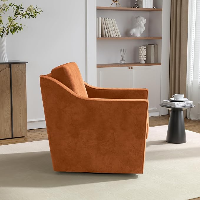Swivel Accent Chair, 360° Swivel Upholstered Club Armchairs for Living Room, Comfy Single Sofa Reading Chair with Deep Seat, Metal Swivel Base, Chenille Fabric, Orange