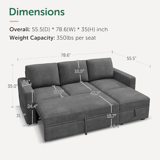 HONBAY Modular Sectional Sleeper Sofa with Pull Out Bed, L Shaped Sofa with Storage, Modular Sectional Couches for Living Room, Dark Grey