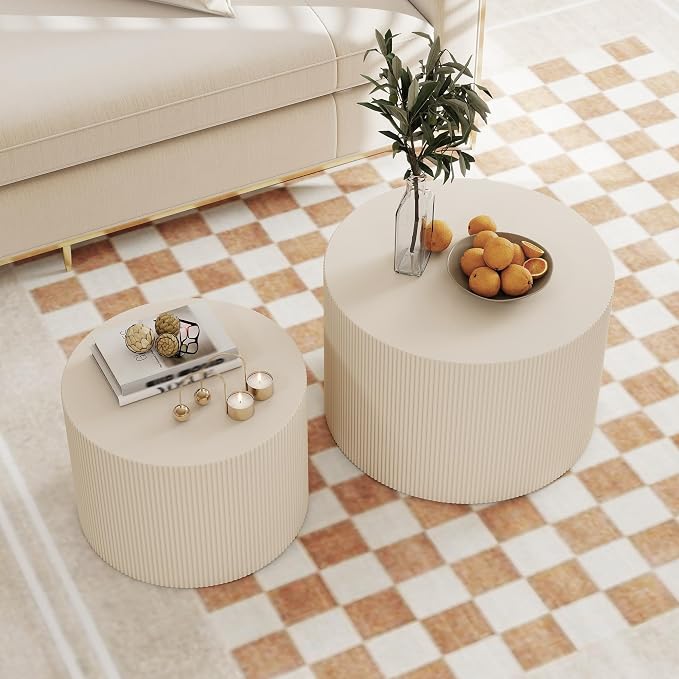 Otterease Round Coffee Table Set of 2, Modern Wooden Beige Nesting Tables for Living Room, No Assembly Required Circle Side Tables Set Accent End Table for Bedroom, Balcony