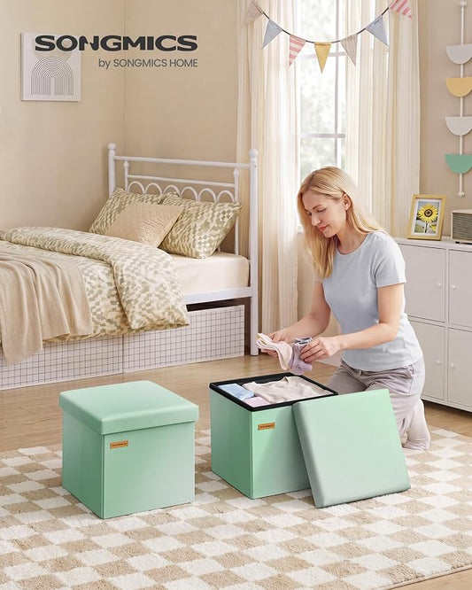 SONGMICS Folding Storage Ottoman Bench, Linen Fabric, Storage Chest, Foot Rest Stool, Holds up to 286.6 lb, 11.8 x 11.8 x 11.8 in, Bedroom Bench, Blue-Green Ombre, Minota Collection ULSF028X201