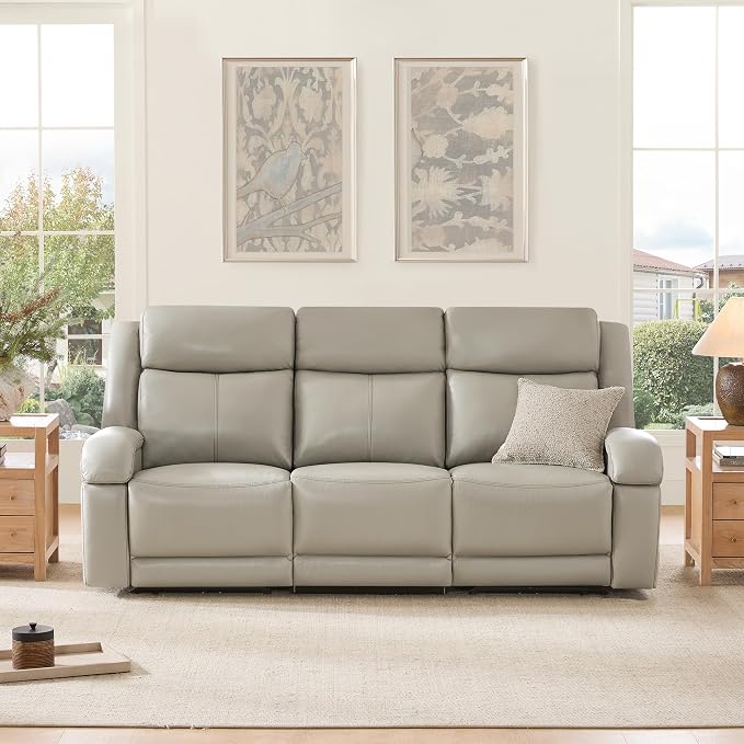Watson & Whitely Genuine Leather Power Recliner Sofa, 3 Seater Wall Hugger Reclining Sofas with Power Headrest, USB & TypeC Ports, Electric Recliner Couch Set for Living Room, Grey