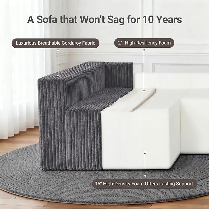 128" U-Shaped Modular Couch, Modern Sectional Couch with Double Chaise, Boneless Couch with Pillows, Deep Seat Sofa for Living Room Bedroom, No Assembly Required, Dark Grey