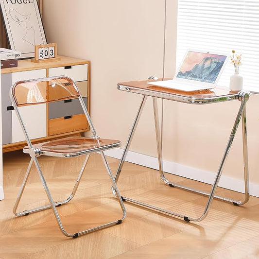 Acrylic Folding Table - Modern TV Tray Dinner Table for Eating on Couch - Small Folding Table Foldable Computer Desks Space-Saving with Chrome Frame No Assembly Required -Tawny