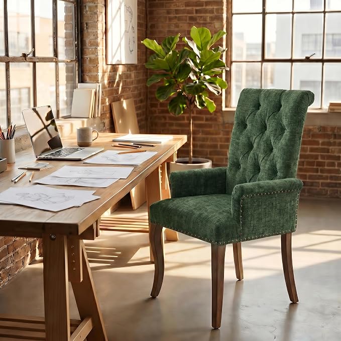 Upholstered Dining Chairs with Arms Set of 2, Olive Green, 2 Pack | Tufted Chenille Kitchen Chairs with Arms, Modern Farmhouse Armchair with Nailhead Trim for Dining Room, Home Office