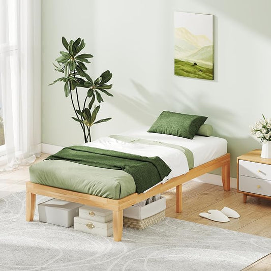 KOMFOTT 14 Inches Wood Platform Bed Frame Twin Size, Wooden Mattress Foundation with Rubber Wood Frame, Strong Slat Support, No Box Spring Needed, Bed Frame (Natural)