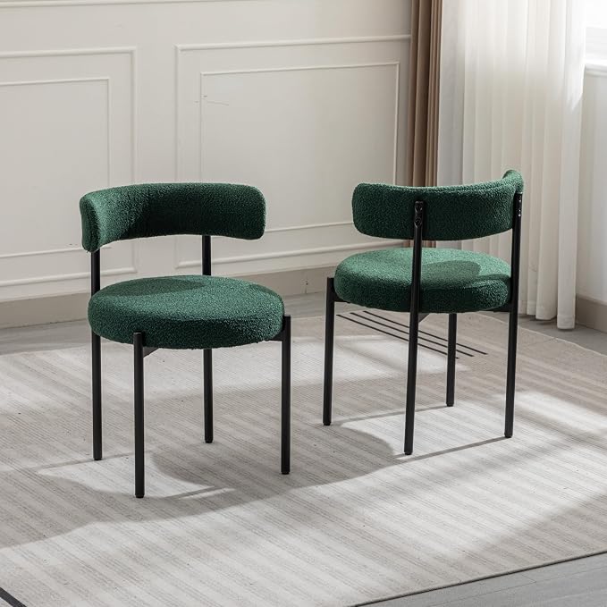 Boucle Dining Chairs Set of 4, Green Dining Chairs with Upholstered Seat and Round Back, Mid-Century Modern Kitchen Chairs for Dining Room, Restaurant