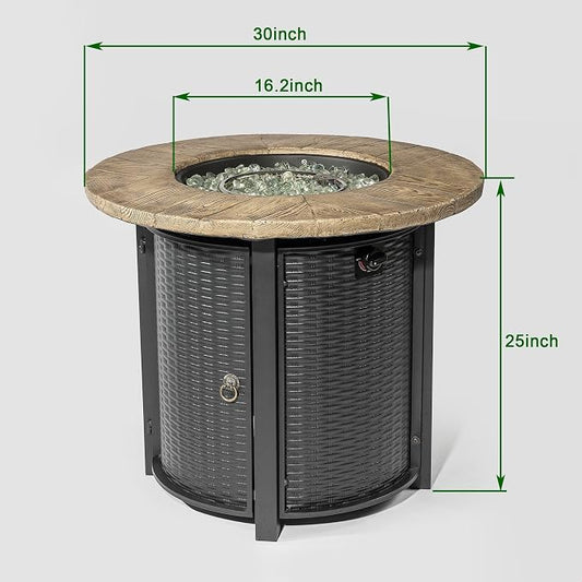 GDFStudio 30" Round Propane Fire Pit Table, 50000 BTU Outdoor Gas Heater with Faux Wood Grain Top & Glass Beads, for Patio Deck Garden Backyard, Black
