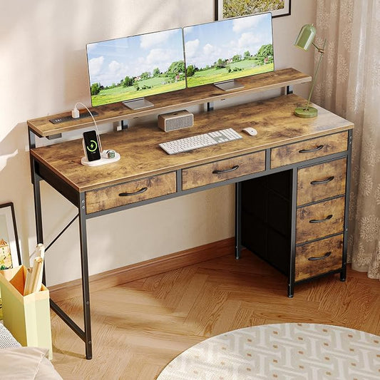 Huuger Gaming Desk with 6 Drawers, Computer Desk with LED Lights Power Outlets and Type-C, 47 Inch Office Desk with Storage, Monitor Stand, Writing Work Desk for Home Office, Rustic Brown,1CD101F