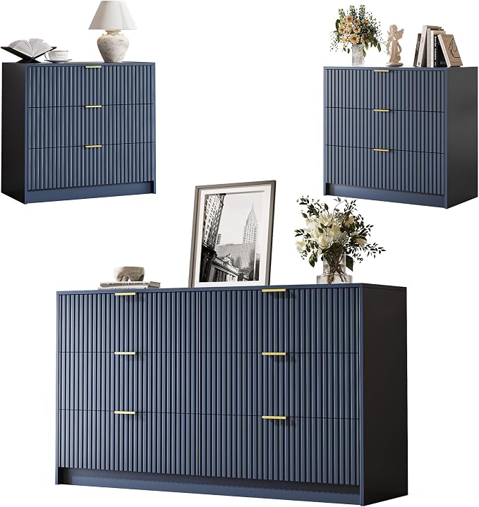 MAISONARIA 3-Piece Dresser Bedroom Set, 6 Drawer Dresser & 3 Drawer Nightstands with Gold Handles, Fluted Wood Chest of Drawers for Bedroom, Living Room, Entryway, Navy Blue