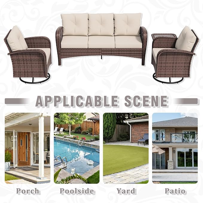 4 Piece Patio Conversation Set - 2 Swivel Chairs 1 Coffee Table 3-Seater Sofa, PE Wicker & Steel Patio Furniture with Heavy-Duty Steel Frame,Weatherproof Cushions, Beige