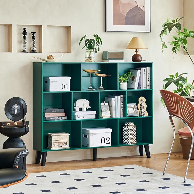 LEYAOYAO 10 Cube Bookshelf, 3 Tier Vintage 55" Wide Bookcase with Legs, Mid-Century Wood Bookshelves Storage, Dark Green Large Book Case, Freestanding Organizer Display Shelf for Living Room, Office