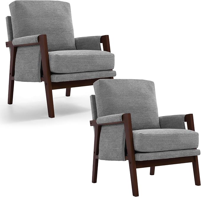 RNKSFX Accent Chairs for Living Room Set of 2, Modern Arm Chairs for Bedroom, Wooden Upholstered Mid Century Accent Chairs, Grey