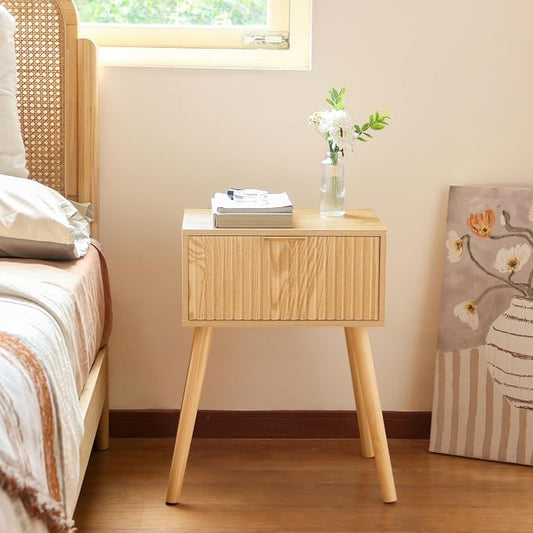 AWASEN Fluted Nightstand, Small End Tables Living Room, Wood Bedside Side Table with Storage Drawer for Bedroom and Small Space, Natural