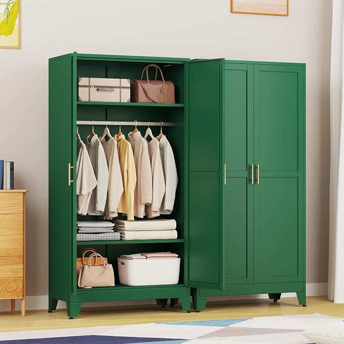 PAOFIN 71" Metal Armoire Wardrobe Closet, Bedroom Clothing Storage Cabinet with Hanging Rod, Freestanding Armoire Cabinet with Adjustable Shelves, Green