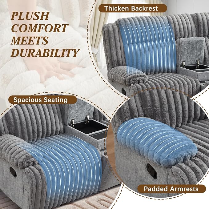 Oversized Reclining Sofa Set with Hidden Cup Holders & Wireless Charger, Manual Double Recliner Sofa, Wall Hugger Recliner Couch with USB Ports for Living Room (Gray, Loveseat+Sofa)