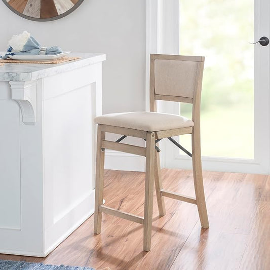 Linon Keira Natural Rustic Wooden Folding 25 Inch Seat Height Counter Stool with Beige Upholstered Seat and Back