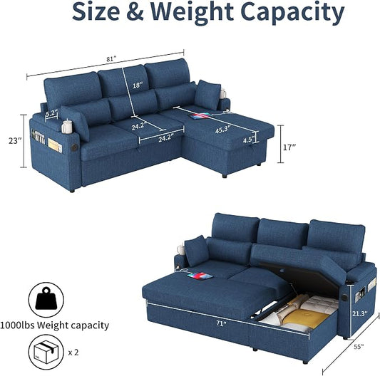 81" L-Shaped Sectional Sofa Couch, Pull-Out Sleeper Sofa Bed with Storage Chaise, Double Cup Holders, Dual USB Charging Ports, Couches for Living Room Apartment