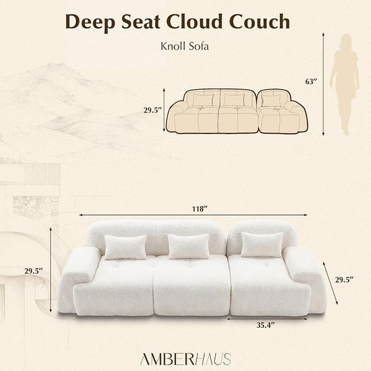118'' Modular Sectional Cloud Couch Boneless Couches, Oversize Curved Sectional Couches for Living Room, Deep Seat Couch Lambswool Sofa with Ottoman & Throw Pillows, No Assembly, HR Foam