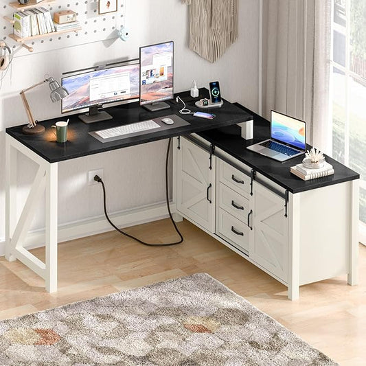 Executive L Shaped Office Desk with Drawers, Farmhouse Corner Desk for Home Office with Storage Cabinet, Computer Desk with Charging Station, Reversible Study Writing Table Workstation, Rustic White