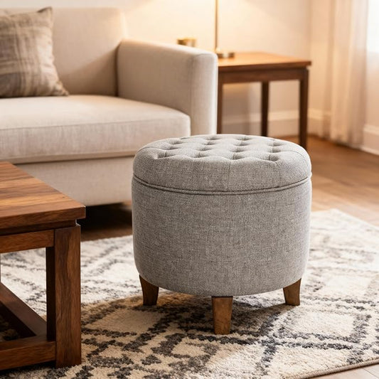 HomePop 19" Button Tufted Round Storage Ottoman - Gray Fabric