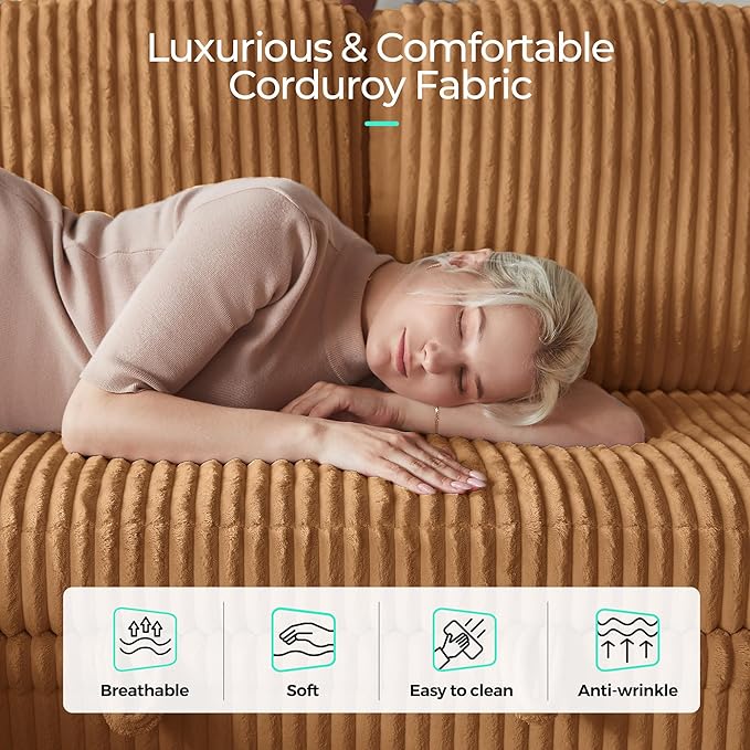 LINSY HOME Sectional Sleeper Sofa with Pull Out Couch Bed - Convertible Plush Corduroy Cloud Couch with Storage Chaise & USB Charging, Comfy L Shaped Modular Couches for Living Room Apartment, Brown