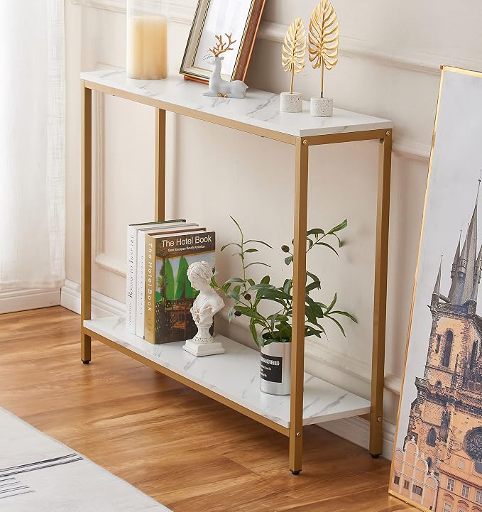 loglus Console Table for Entryway, Faux Marble MDF Indoors Sofa Table with Golden Frame for Small Rooms, Double Layer, White Marble, 9.45" D x 38.19" W x 29.72" H