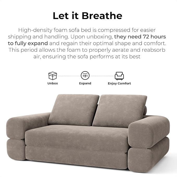 LIKIMIO FlipNest Convertible Sleeper Sofa Bed Floor Sofa 3-in-1 No Assembly, Foldable Mattress with Corduroy Upholstery Light Brown, Lounge Loveseat Couch for Living Room Studio Guest Room