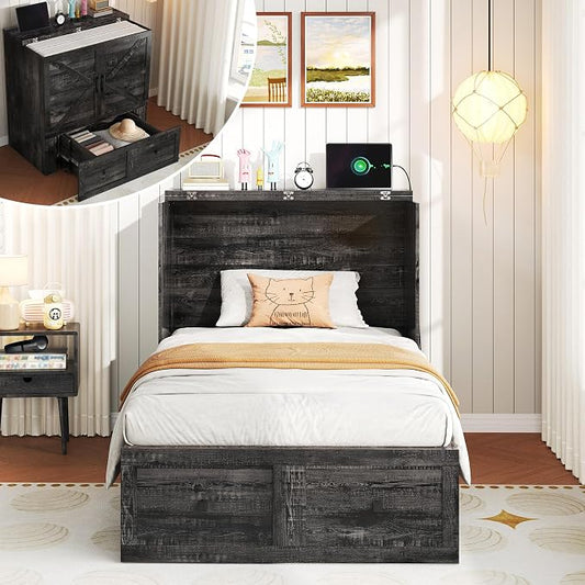 LUXOAK Twin Murphy Bed with Built-in Charging Station and Storage Drawer, Farmhouse Foldable Cabinet Bed for Guest Room, Apartment or Home Office, Black Oak