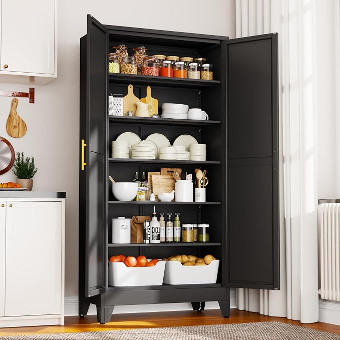 PAOFIN 75" Metal Kitchen Pantry Cabinet,Black Storage Cabinet with Doors and 5 Adjustable Shelves, Cabinet with 2 Metal Handles,Tall Cabinet for Livingroom,Pantry, Bathroom,Kitchen