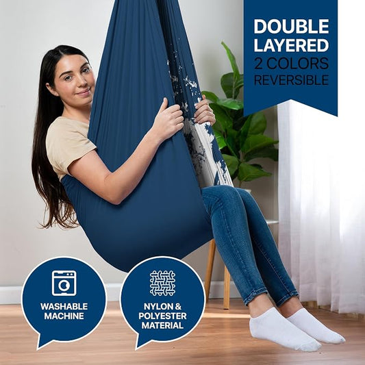 Indoor Sensory Swing for Kids or Outdoor – Holds 300lbs, Double-Layer, & 360° Swivel, Calming Compression Therapy Swing Hammock for Kids & Adults with All Hardware – Sensory-Motor Toys & Gifts