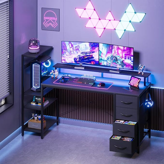 59 Inch Gaming Desk with Power Outlet and LED Lights, Computer Desk with 4 Drawers & Storage Shelves, Reversible Home Office Desk with Monitor Stand for Small Space Bedroom, Carbon Fiber Black