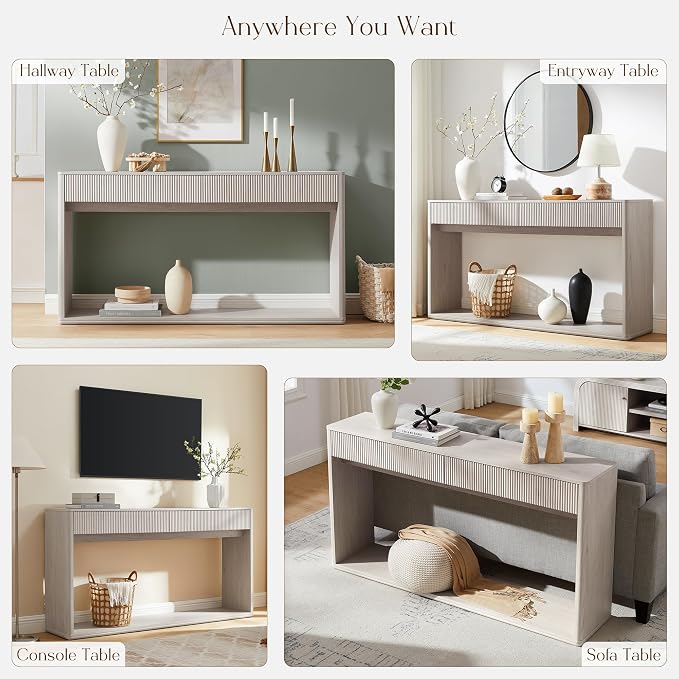 OKD 63" Fluted Console Table for Entryway, Modern Entryway Table with 2 Large Drawers, Long Sofa Table Behind Couch for Living Room, Hallway, Couch, Foyer,Alder White
